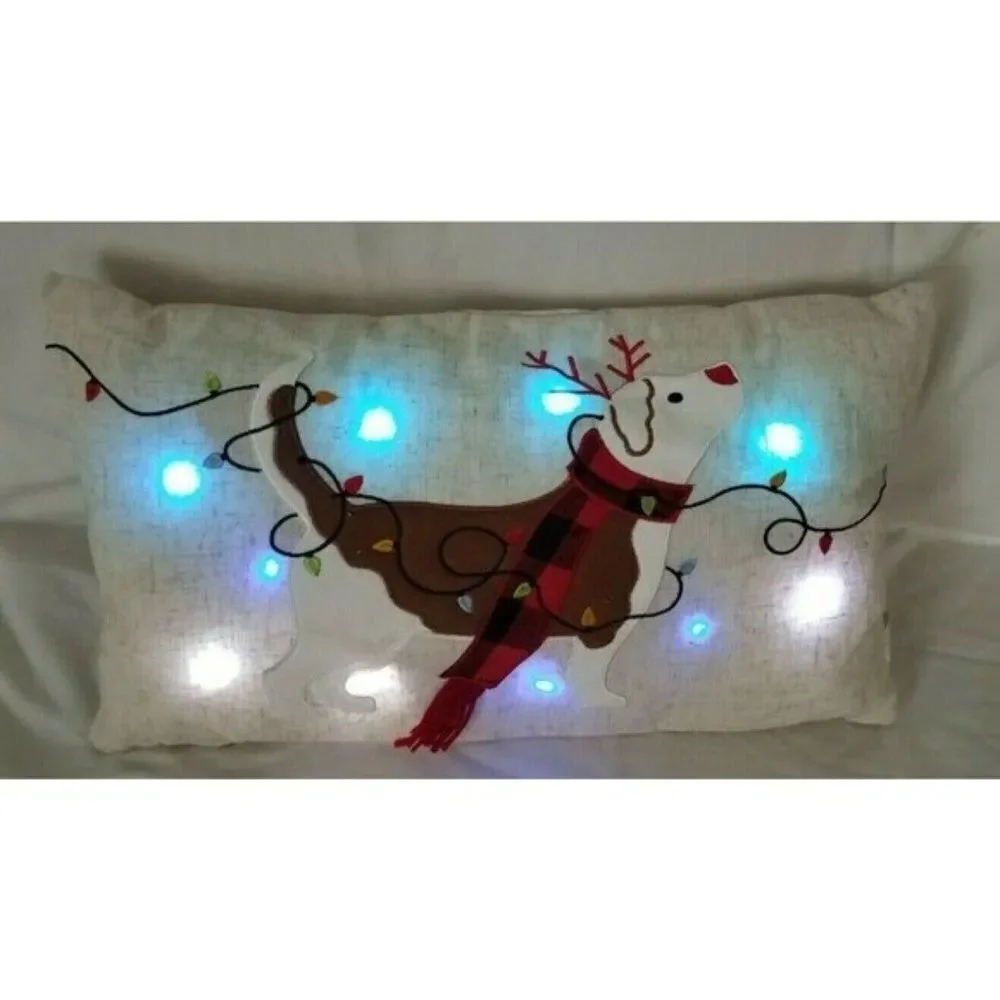174 Accent Pillow Reindeer Dog Christmas Holiday Blinking Light-Up Buffalo Plaid